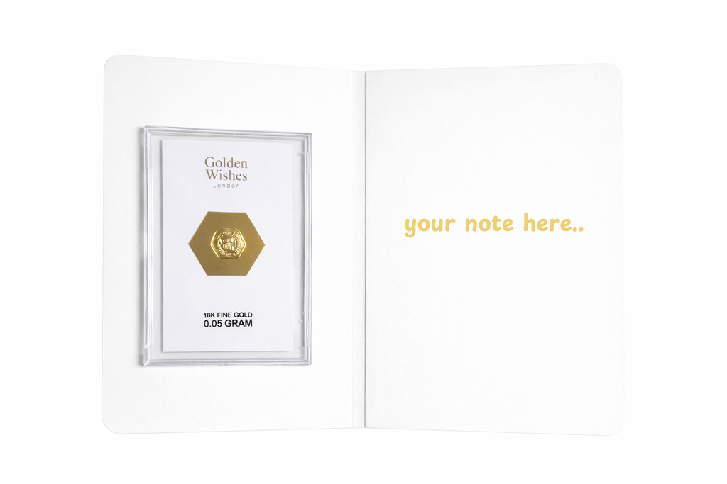 Golden Wishes 0.05g 18-carat gold greeting card — features and product details