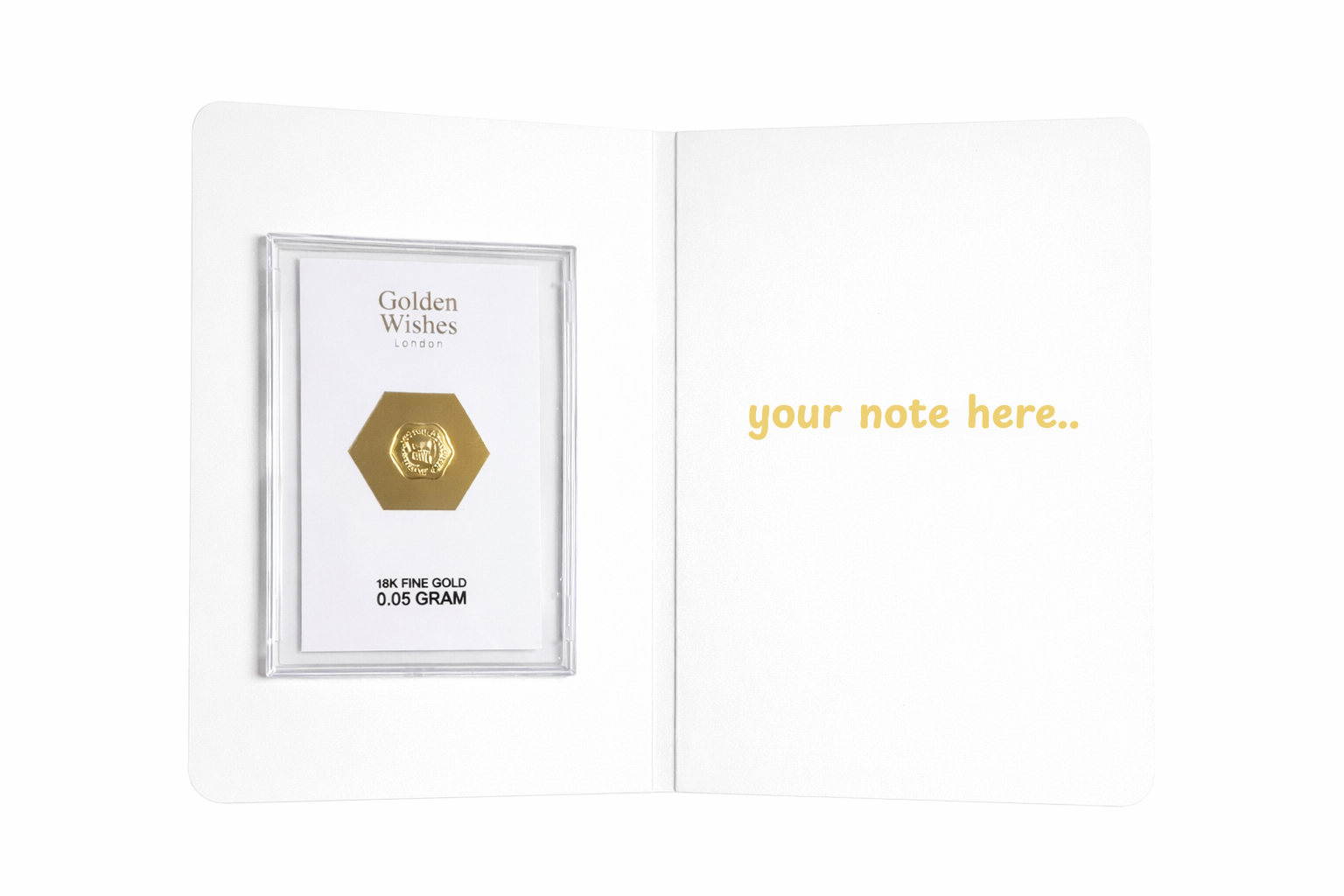 Golden Wishes 0.05g 18-carat gold greeting card — features and product details