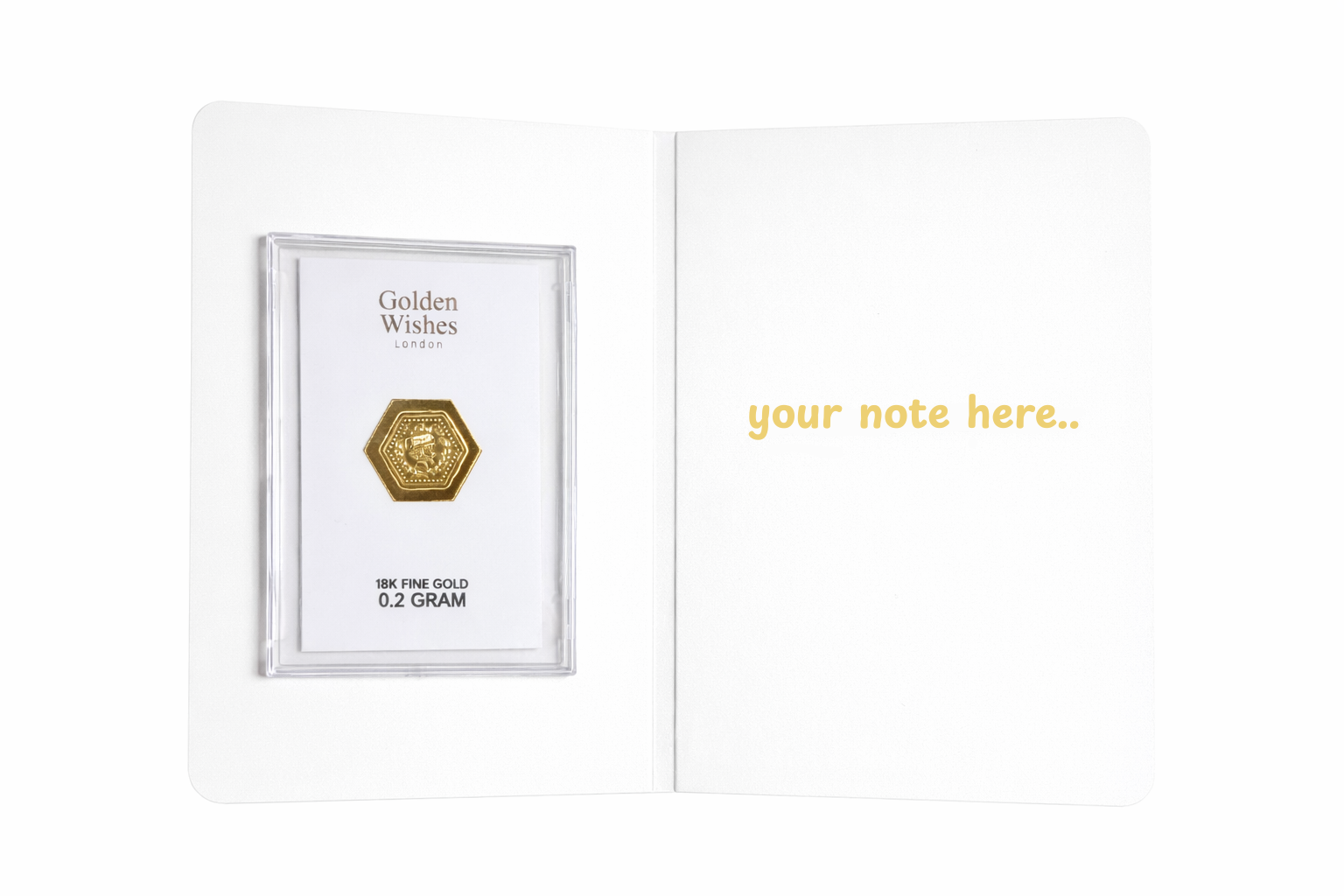 Golden Wishes 0.2g 18-carat gold greeting card — features and product details